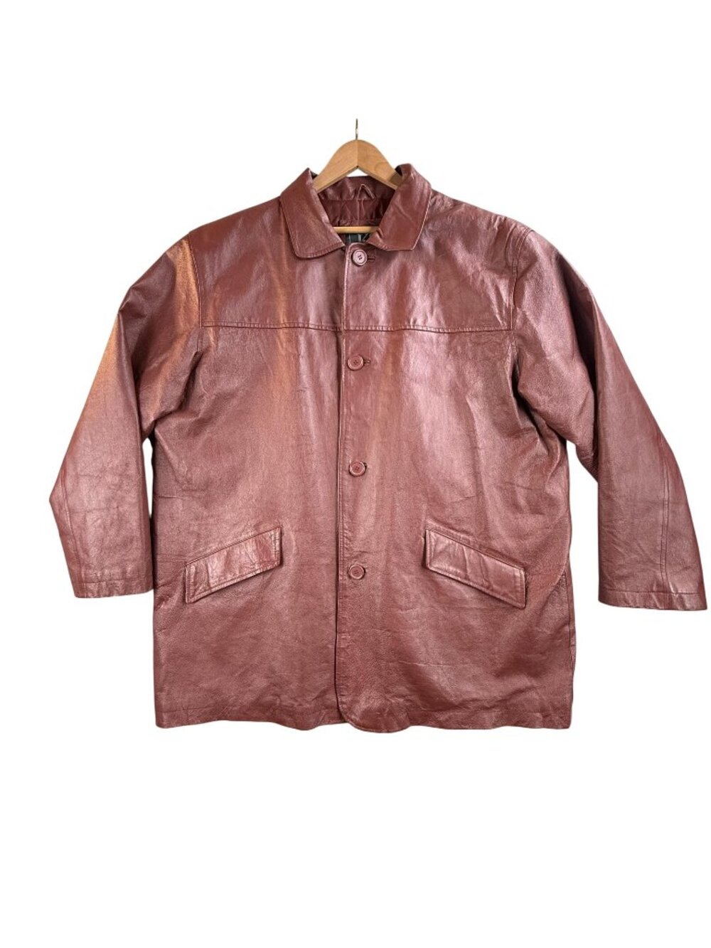 Vintage KS Coat Mens 2XL Red Leather Overcoat Quilted Lined Button Front Jacket